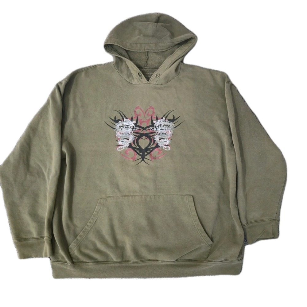 Vintage Dragon Hoodie Y2K Jnco Style Skater Hip Hop Size XL Green Cotton